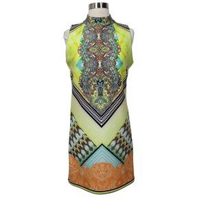 Melissa Paige Women's Ikat Geometric Scuba Stretch Mock Neck Shift Dress Size SP